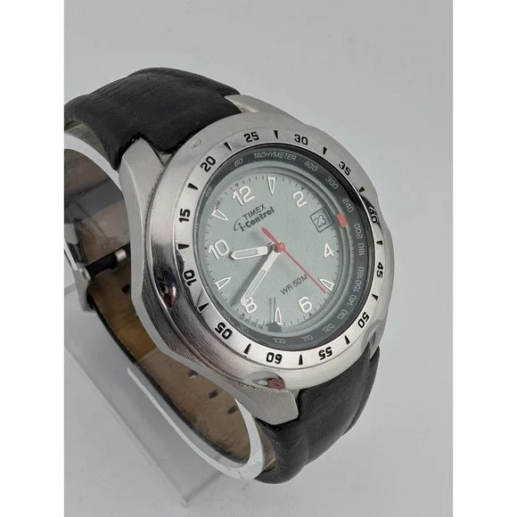 Timex I-Control Indiglo Tachymeter Watch Men 40mm Case Leather Band- New Battery